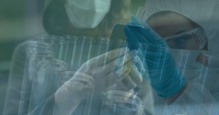 Digital illustration of a scientist wearing face mask and protective suit, gloves and goggles...
