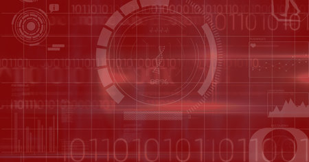 Digital illustration of a scope scanning, data processing, statistics showing on red background....