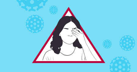 Digital illustration of a warning sign with woman touching her face. Public health pandemic coronavirus Covid 19 social distancing and self isolation in quarantine lockdown concept digitally generatedの写真素材