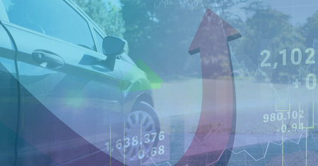 Digital illustration of red arrow facing up, showing statistics over a car standing. Finance business stock market global data processing concept digitally generated imageの写真素材