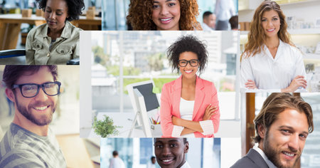 Group of multi ethnic coworkers in their offices and homes, having a video meeting and interacting...