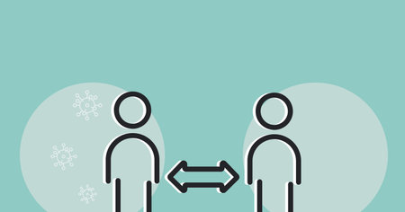 Digital illustration of two people standing in a distance. Public health pandemic coronavirus Covid...