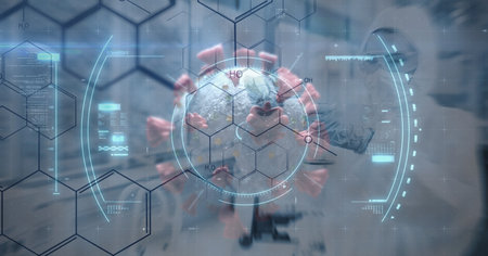 Digital illustration of scope scanning, finding macro Covid-19 cell over scientific laboratory. Coronavirus Covid-19 pandemic concept digitally generatedの写真素材