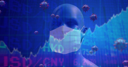 Digital illustration of macro Covid-19 cells floating, stock market statistics over 3D human body model wearing a face mask. Coronavirus Covid-19 pandemic concept digitally generatedの写真素材