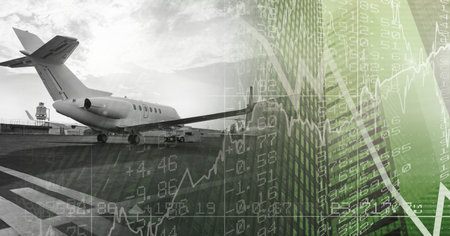 Digital illustration of plane standing in airport over cityscape, data recording, statistics...