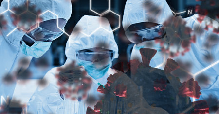 Digital illustration of macro Covid-19 cells floating over three scientists wearing protective...