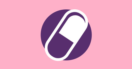 Digital illustration of white outline of pill over purple circle on pink background. Medication relief cure coronavirus Covid-19 pandemic concept digitally generated image.の写真素材