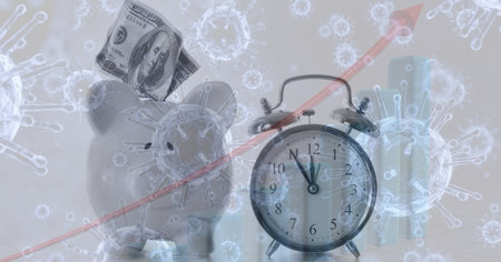 Digital illustration of a piggy bank with an American dollar on it standing by a clock, with blue macro coronavirus Covid-19 cells spreading over data processing, statistics showing in the background. Global economy recession public health coronavirus Covid-19 pandemic concept digitally generated image.の写真素材