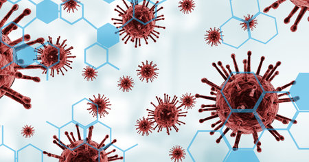 Digital illustration of macro Coronavirus Covid-19 cells floating on white background. Medicine public health pandemic coronavirus Covid 19 outbreak concept digital composite.の写真素材