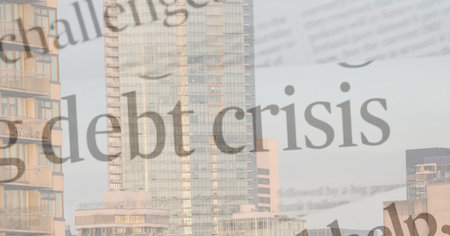 Digital illustration of newspaper headlines over a cityscape in the background. Global economy recession public health coronavirus Covid-19 pandemic concept digitally generated image.の写真素材