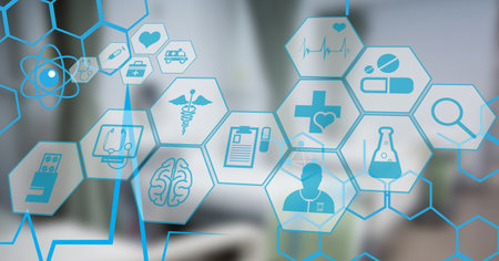 Digital illustration of medical icons over an empty hospital room in the background. Medicine public...