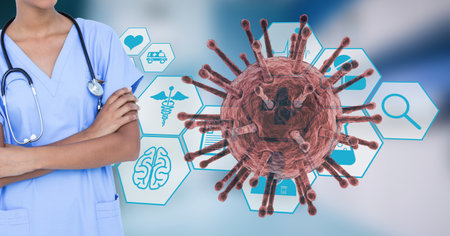Digital illustration of a doctor crossing her hands over a Coronavirus Covid-19 cell floating, medical icons in the background. Medicine public health pandemic coronavirus Covid 19 outbreak concept digital composite.の写真素材