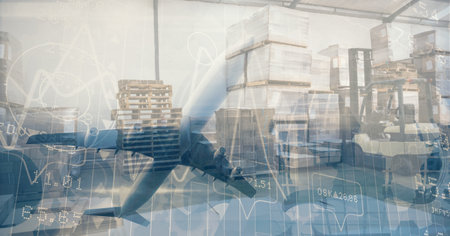 Digital illustration of a plane starting, with data processing, statistics showing over a cityscape in  the background. Global business and distribution during the Coronavirus Covid-19 pandemic concept digital composite.の写真素材