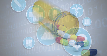 Digital illustration of medical pills lying outside a jar over medical icons, data processing, statistics showing in the background. Medicine public health pandemic coronavirus Covid 19 outbreak concept digital composite.の写真素材