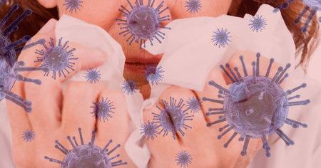 Digital illustration of a woman wiping her nose with a tissue over macro Coronavirus Covid-19 cells...