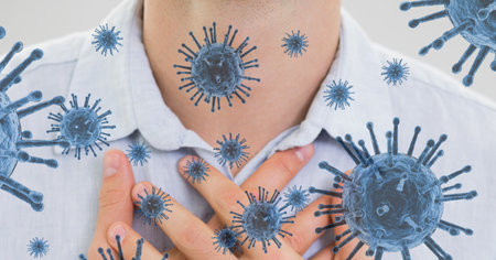 Digital illustration of macro Coronavirus Covid-19 cells floating over a person holding his chest in...