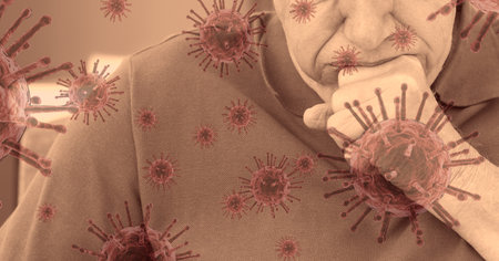 Digital illustration of a man coughing over macro Coronavirus Covid-19 cells floating in the...