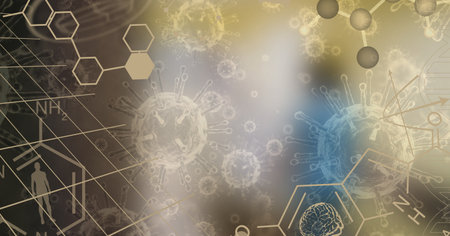Digital illustration of a chemical element, data processing statistics showing over macro...