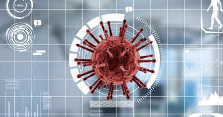 Digital illustration of a macro Coronavirus Covid-19 cell over data processing, statistics showing in the background. Medicine public health pandemic coronavirus Covid 19 outbreak concept digital composite.の写真素材