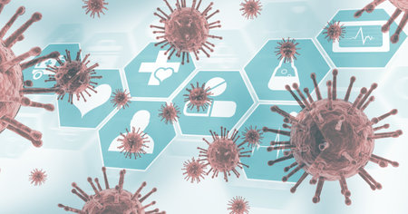 Digital illustration of macro Coronavirus Covid-19 cells and medical icons floating on white...