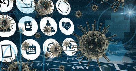 Digital illustration of macro Coronavirus Covid-19 cells floating, social icons, chemical element on blue background. Medicine public health pandemic coronavirus Covid 19 outbreak concept digital composite.の写真素材