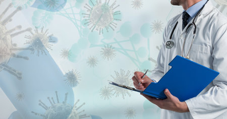 Digital illustration of a doctor holding a file of papers over macro Coronavirus Covid-19 cells...