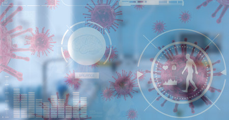 Digital illustration of macro Coronavirus Covid-19 cells floating, scope scanning on blue background. Medicine public health pandemic coronavirus Covid 19 outbreak concept digital composite.の写真素材