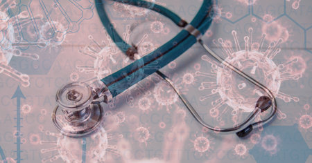 Digital illustration of a stethoscope lying on a table over macro Coronavirus Covid-19 cells floating in the background. Medicine public health pandemic coronavirus Covid 19 outbreak concept digital composite.の写真素材
