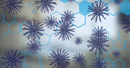 Digital illustration of macro Coronavirus Covid-19 cells floating on grey background. Medicine...