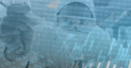 Digital illustration of a scientist wearing a face mask, protective suit, gloves and goggles over data processing, statistics showing in the background. Medicine public health pandemic coronavirus Covid 19 outbreak concept digital composite.の写真素材
