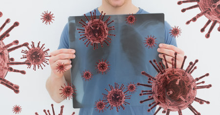 Digital illustration of a man holding a x-ray scan of his chest over macro Coronavirus Covid-19...