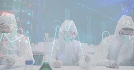 Digital illustration of three scientist wearing protective suits and gloves and face masks, working...