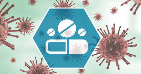 Digital illustration of a medical pills sign over macro Coronavirus Covid-19 cells floating in the background. Medicine public health pandemic coronavirus Covid 19 outbreak concept digital composite.の写真素材