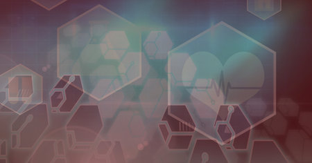 Digital illustration of medical icons with a red and blue background. Medicine public health pandemic coronavirus Covid 19 outbreak concept digital composite.の写真素材