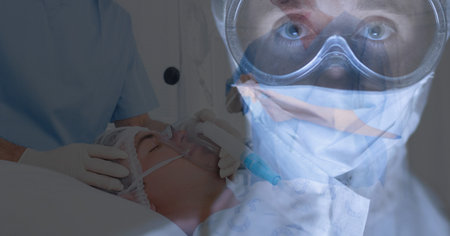 Digital illustration of a doctor wearing a face mask and protective goggles, looking at the camera...