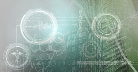 Digital illustration of medical icons over data processing, statistics showing in the background....