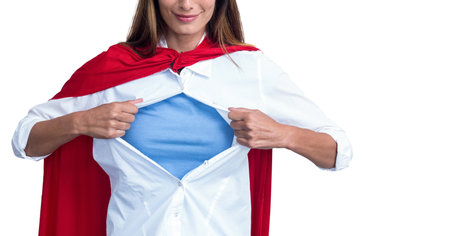 Digital illustration of a woman wearing a cape, ripping her shirt open with a white background....