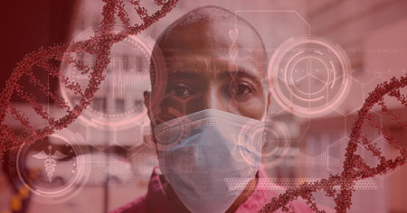 Digital illustration of a man wearing a face mask, walking on a street over DNA strains, data processing, statistics showing in the background. Medicine public health pandemic coronavirus Covid 19 outbreak concept digital composite.の写真素材
