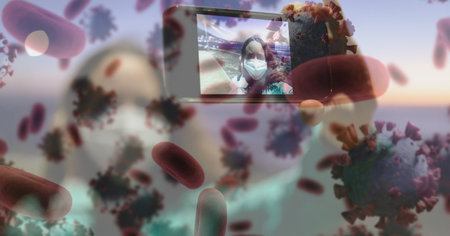 Digital illustration of macro Covid-19 cells floating over a smartphone with a woman wearing a face...