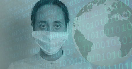Digital illustration of data processing, globe floating over a woman wearing a face mask, looking at...