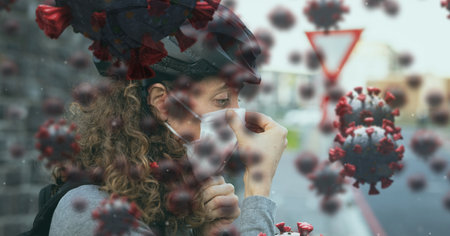 Digital illustration of macro Covid-19 cells floating over a woman wearing a face mask. Coronavirus...