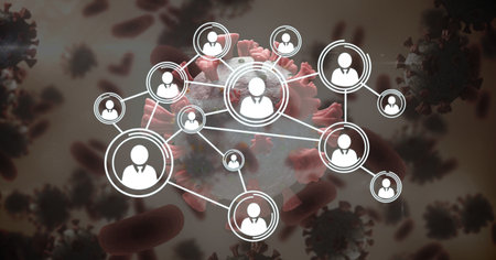 Digital illustration of a web of social connections over macro Covid-19 cells floating. Coronavirus...