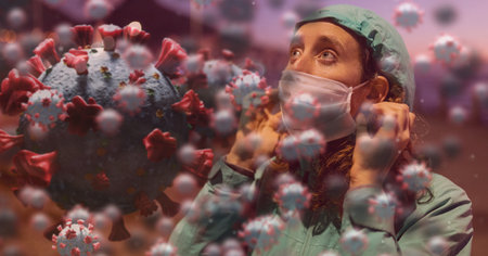 Digital illustration ofmacro Covid-19 cells floating over a woman taking her face mask off ....