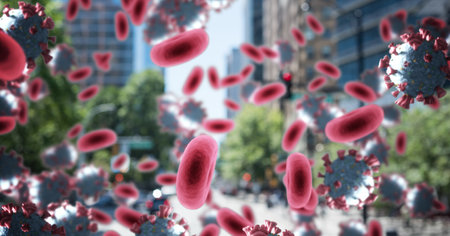 Digital illustration of macro Covid-19 cells floating over a cityscape. Coronavirus Covid-19 pandemic concept digitally generatedの写真素材