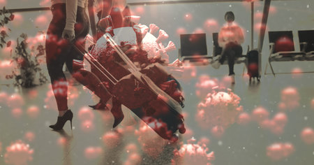 Digital illustration of macro Covid-19 cells floating over two women carrying suitcases. Coronavirus Covid-19 pandemic concept digitally generatedの写真素材