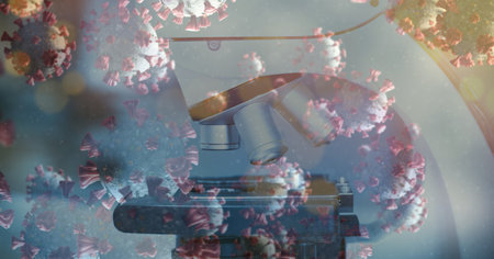 Digital illustration of macro Covid-19 cells floating over a microscope. Coronavirus Covid-19 pandemic concept digitally generatedの写真素材