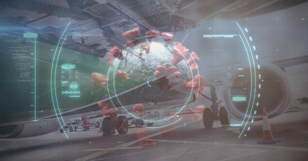 Digital illustration of a scope scanning, finding a macro Covid-19 cell over an airplane. Coronavirus Covid-19 pandemic concept digitally generatedの写真素材