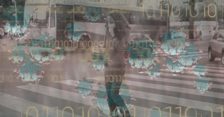 Digital illustration of macro Covid-19 cells floating over a woman wearing a face mask, coughing....