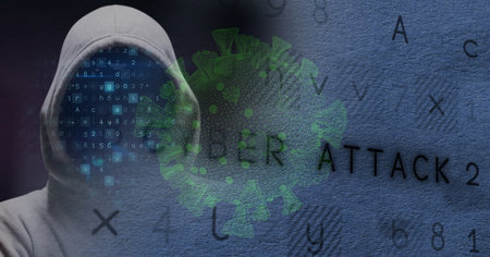 Digital illustration of a macro Covid-19 cell with words Cyber Attack 2 over a man wearing a hoodie and a black face mask with data on it Coronavirus Covid-19 pandemic concept digital compositeの写真素材