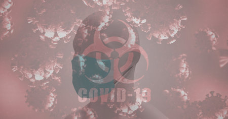 Digital illustration of a red hazard sign with word Covid-19, macro Covid-19 cells floating over a 3D human body model wearing a face mask. Coronavirus Covid-19 pandemic concept digitally generatedの写真素材
